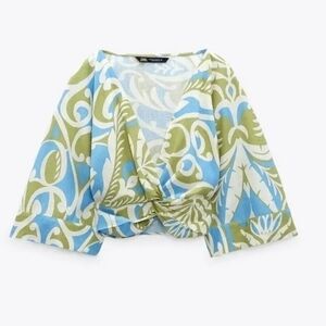 linen blend print top with knot